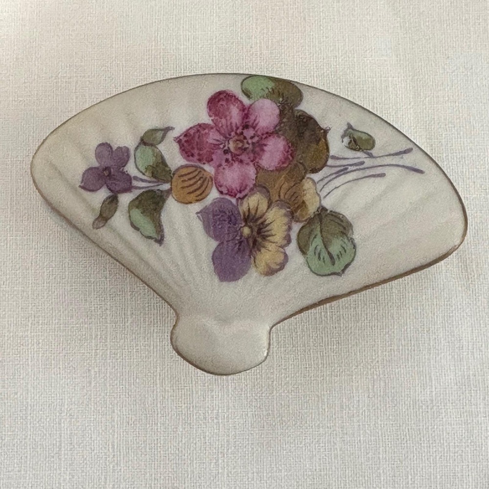 Lefton Fan Shaped Trinket Box Floral Butterfly Gold Trim Japan Vintage